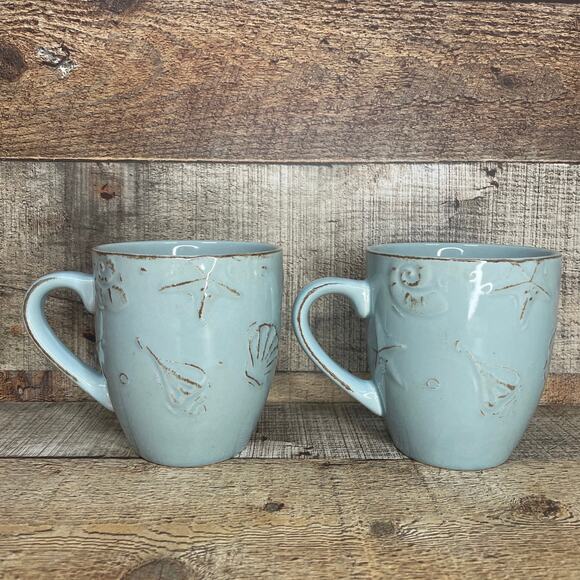 Thomson Pottery Cape Cod Stoneware Mugs Turquoise Blue Beach Coffee Cup Set of 2 - Picture 3 of 6
